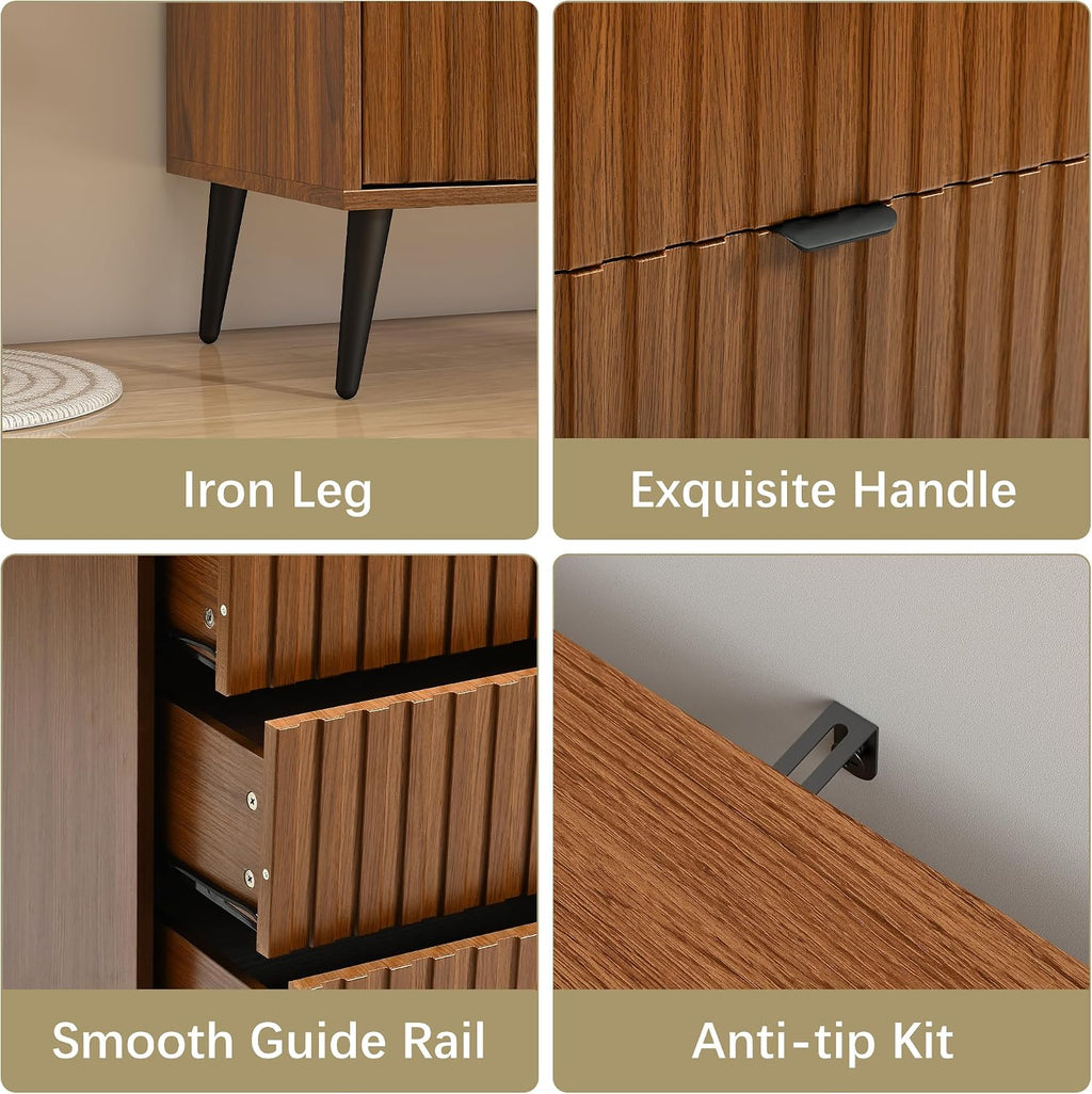 Fluted Dresser for Bedroom, 24'' Wide Modern Chest of Drawers, 4 Drawer Dresser Nightstand, Natural Wood Drawer Organizer for Bedroom, Living Room, Hallway, Walnut