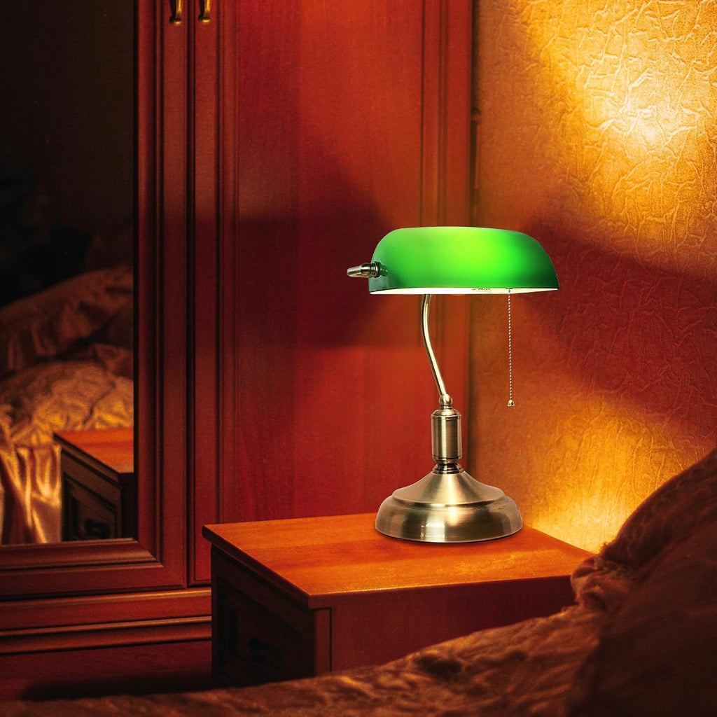 Kiven Cordless Bankers Table Lamp,1-Light Dimmable Bedside Lamps for Nightstand with Glass Lampshade, Vintage Rechargeable Desk Lamp for Reading Home Decor Bedside TD1117
