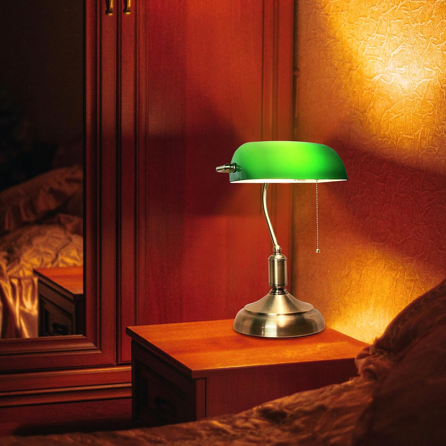 Kiven Cordless Bankers Table Lamp,1-Light Dimmable Bedside Lamps for Nightstand with Glass Lampshade, Vintage Rechargeable Desk Lamp for Reading Home Decor Bedside TD1117