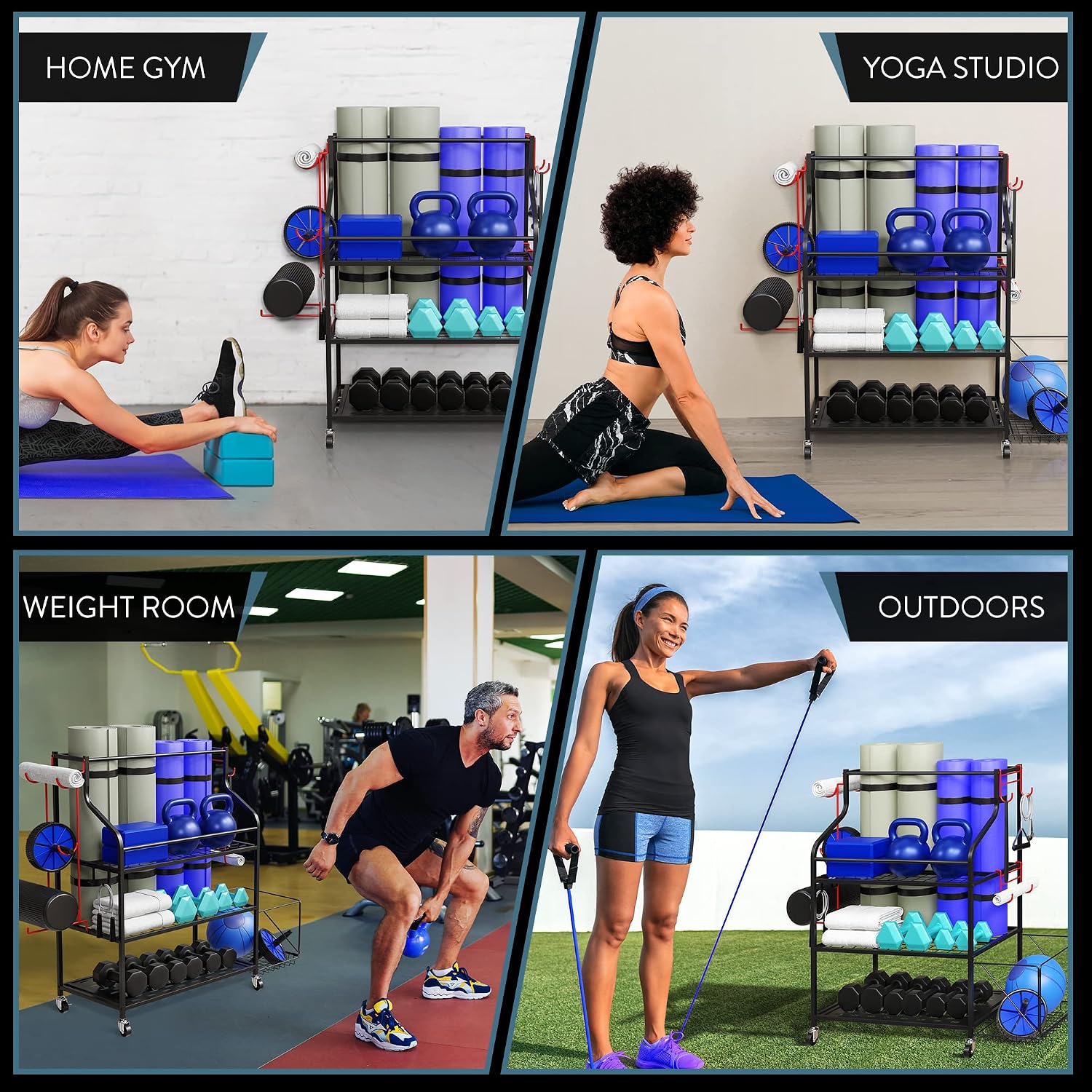 Cascina Home Gym Storage Rack - Weight Rack for Dumbbells, Kettlebells, Foam Roller, Resistance Bands and Yoga Mat Storage Holder - Exercise Workout Equipment Storage Organizer with Hooks and Wheels