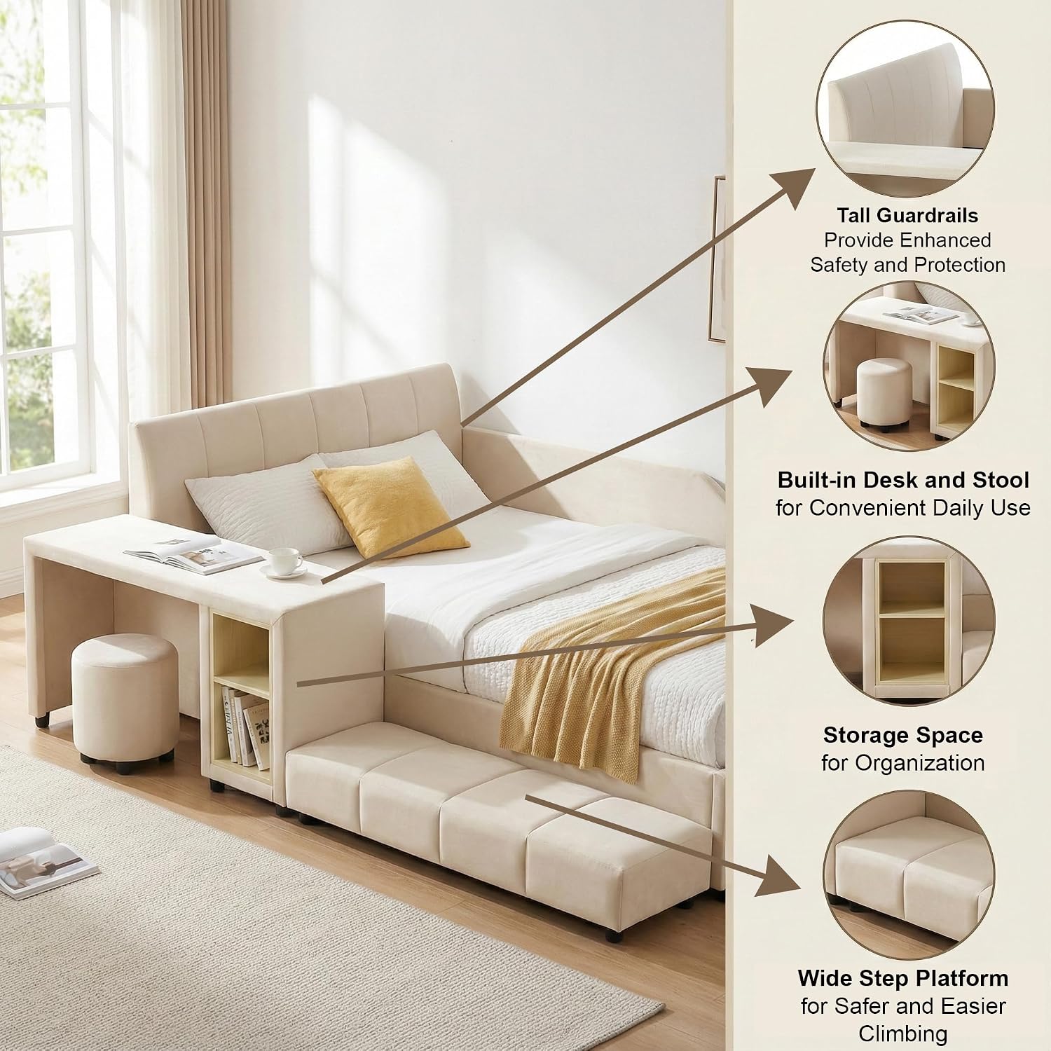 Upholstered Grounded Bed, Full Size Mother & Child Bed with Bedside Desk and Little Round Stool, Velvet Fabric, No Box Spring Needed (Beige, Full)