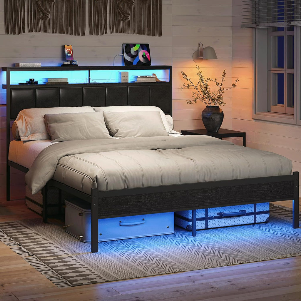 Queen Bed Frames with Charging Station and LED Lights, Black Queen Size Platform Bed with Metal Slats, Upholstered Headboard with 2-Tier Storage Shelves, No Box Spring Needed