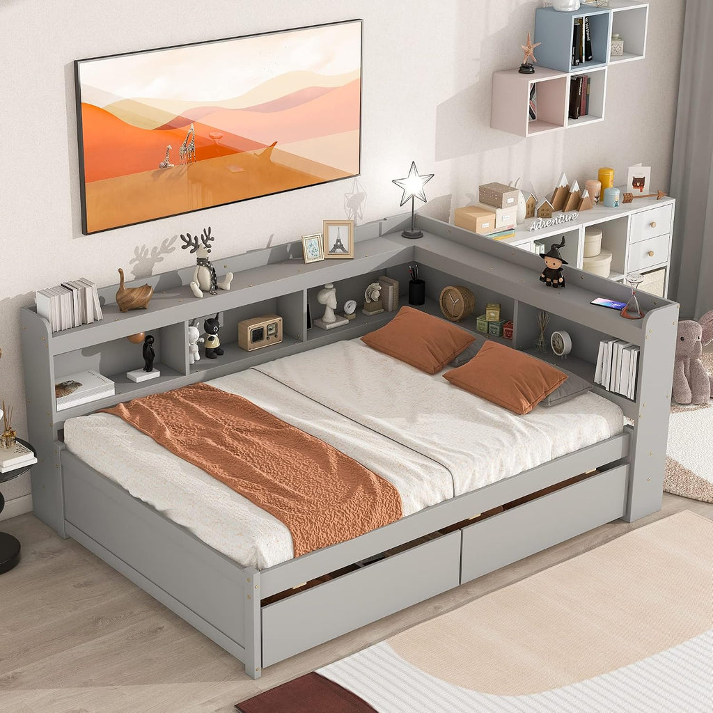 Full Size Platform Bed with L-Shaped Storage Shelfs and Bookcases, Pine Wood Day Bed with 2 Storage Drawers for Office/Living Room/Bedroom, Maximize Space (Gray)