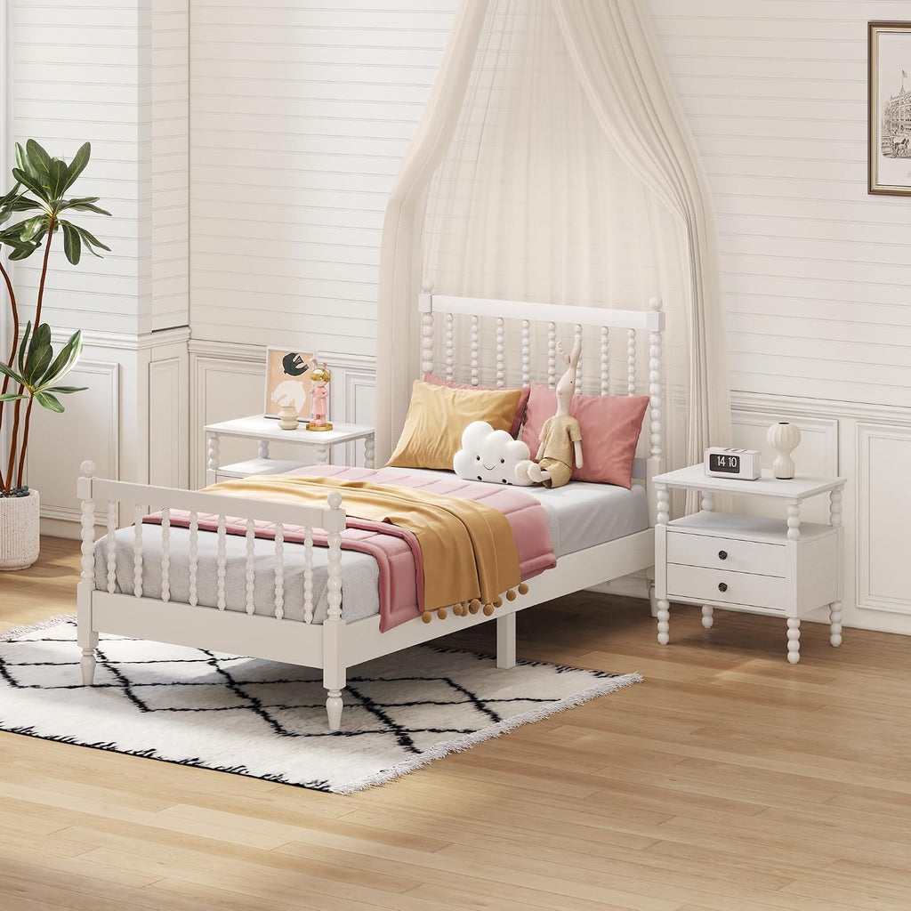 Generic 3 s Bedroom Sets Twin Size Wood Platform Bed with Gourd Shaped Headboard and Footboard with 2 Nightstands,White