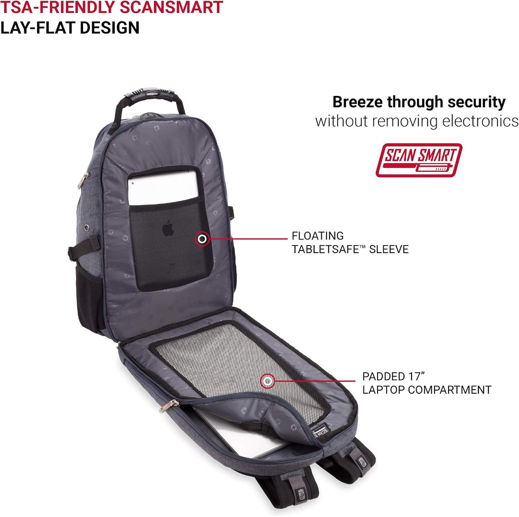 SwissGear 5977 ScanSmart TSA Friendly Laptop Backpack, Fits Most 17 Inch Laptops and Tablets, Ideal for Work, Travel, School, College, and Commuting, Grey
