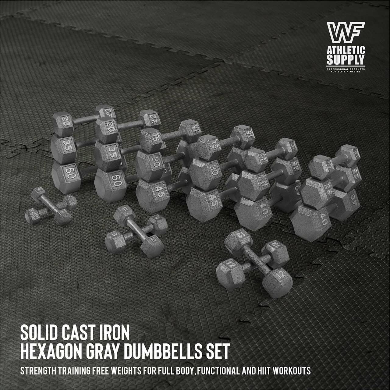 WF Athletic Supply Cast Iron Dumbbell Set, Solid Hexagon Grey Dumbbell Set, Strength Training Free Weights for Women & Men