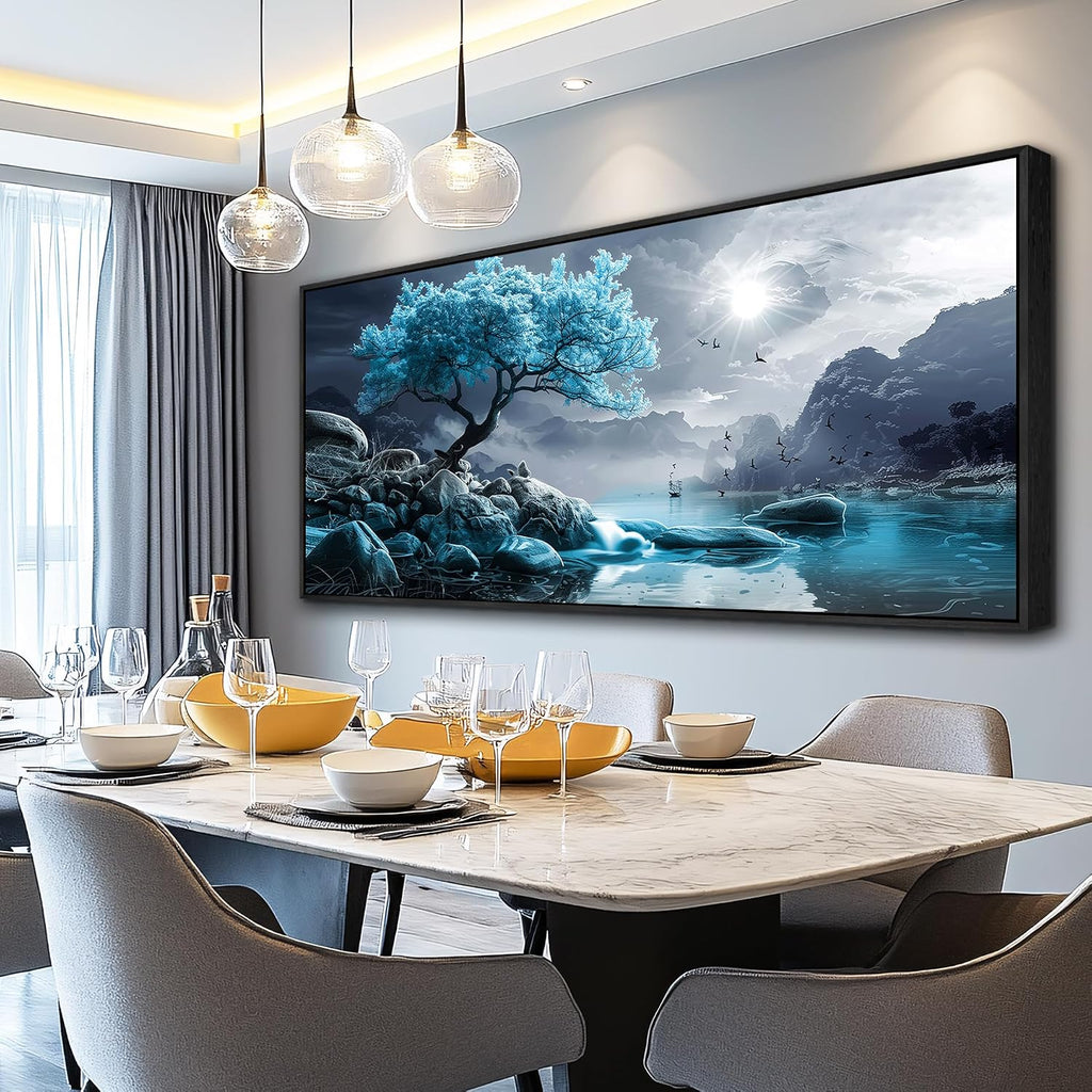 KELIYUAN Large Canvas Wall Decor Bedroom Blue Tree Landscape Wall Paintings Wall Art For Living Room Black And White Pictures Office Mural Framed Prints Artwork Modern Home Decor Aesthetics 32'X72'