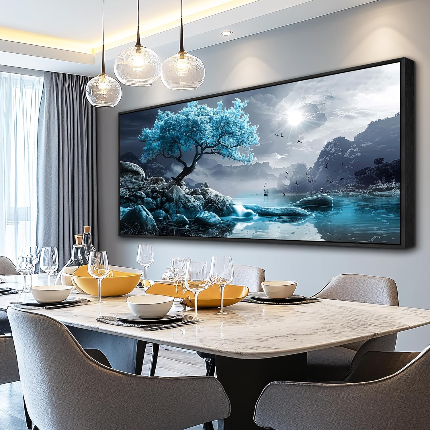 KELIYUAN Large Canvas Wall Decor Bedroom Blue Tree Landscape Wall Paintings Wall Art For Living Room Black And White Pictures Office Mural Framed Prints Artwork Modern Home Decor Aesthetics 32'X72'