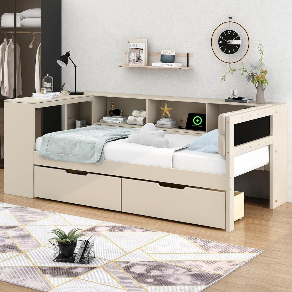 Twin Size Platform Bed with Storage Shelves and Study Desk, Wood Daybed Frame with Upholstered Headboard and 2 Drawers for Office/Living Room/Bedroom, Maximize Space