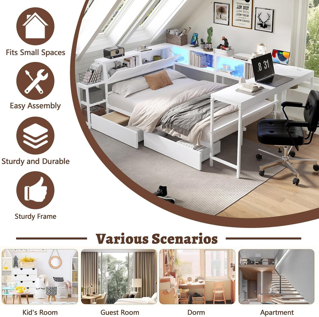 Full Corner Bed Frame with Storage Drawers, Modern Metal Day Bed Frame & L Shaped Bedframe with Led Lights/Charging Station/Bookcase/Desk (White, Queen)