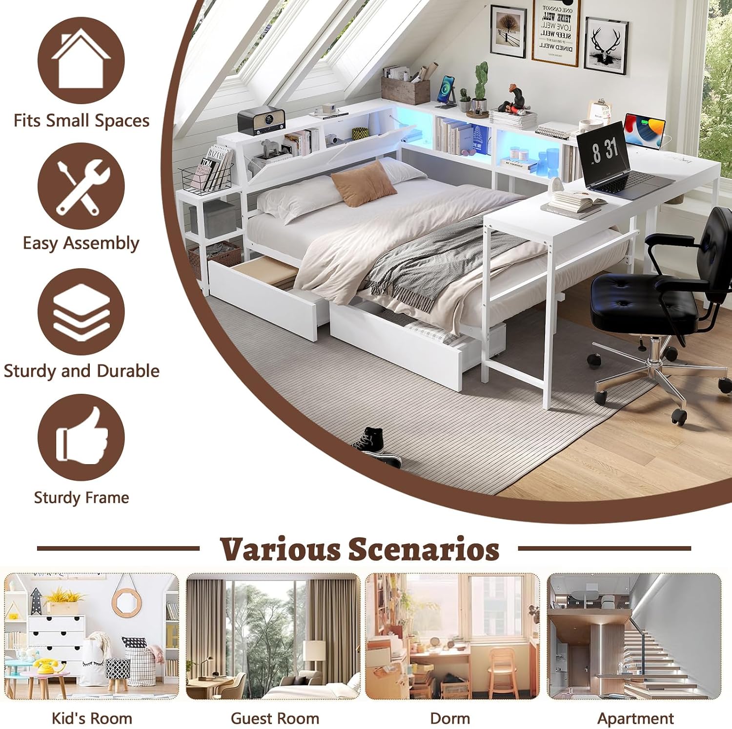 Full Corner Bed Frame with Storage Drawers, Modern Metal Day Bed Frame & L Shaped Bedframe with Led Lights/Charging Station/Bookcase/Desk (White, Queen)