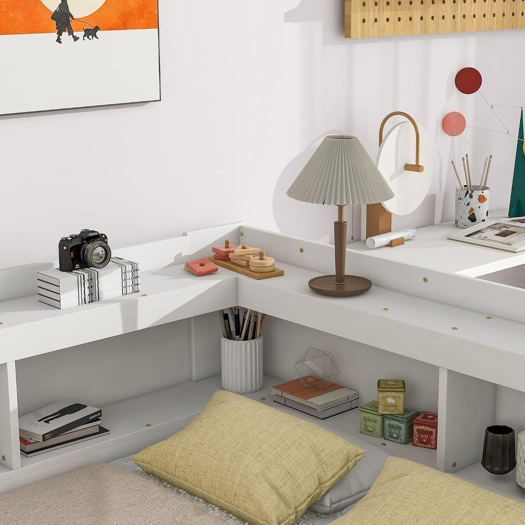 Full Size Platform Bed with L-Shaped Storage Shelfs and Bookcases, Pine Wood Day Bed with 2 Storage Drawers for Office/Living Room/Bedroom, Maximize Space (White)