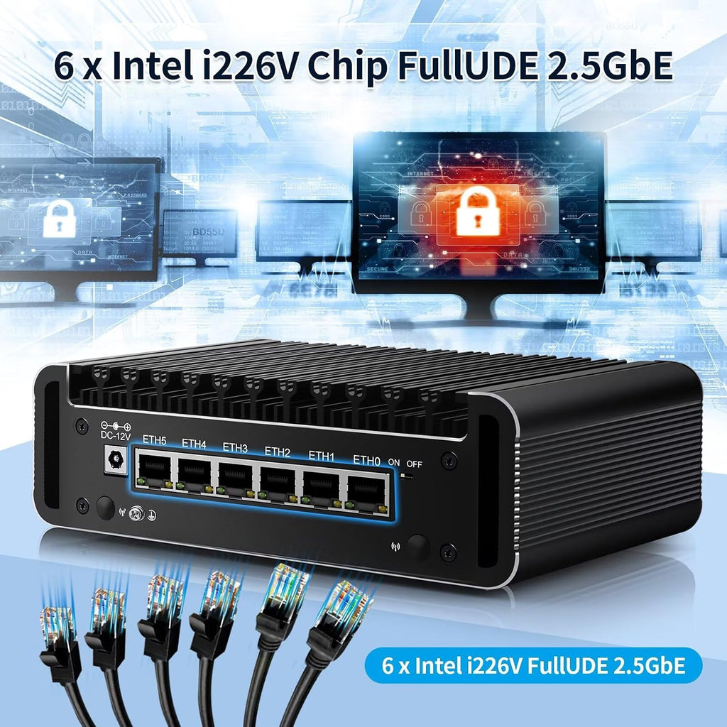 Firewall Mini PC N150 (N100 Upgrade), DDR5 16GB RAM 128GB NVMe SSD, 6 x 2.5GbE i226V LAN Fanless Computer Hardware, Micro Router Appliance, AES-NI, OPNsense, TypeC Port, TF Card Slot