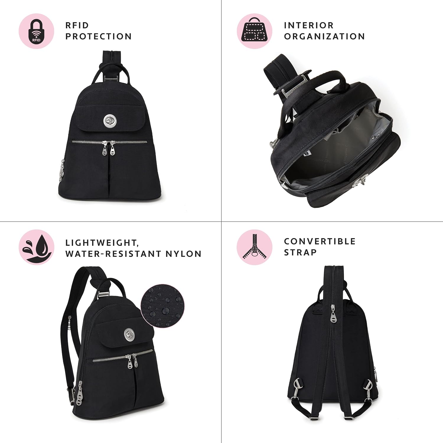 Baggallini Naples Convertible Backpack - Travel Sling Crossbody - 12' Nylon Handbag w/RFID & Padded Tablet Sleeve