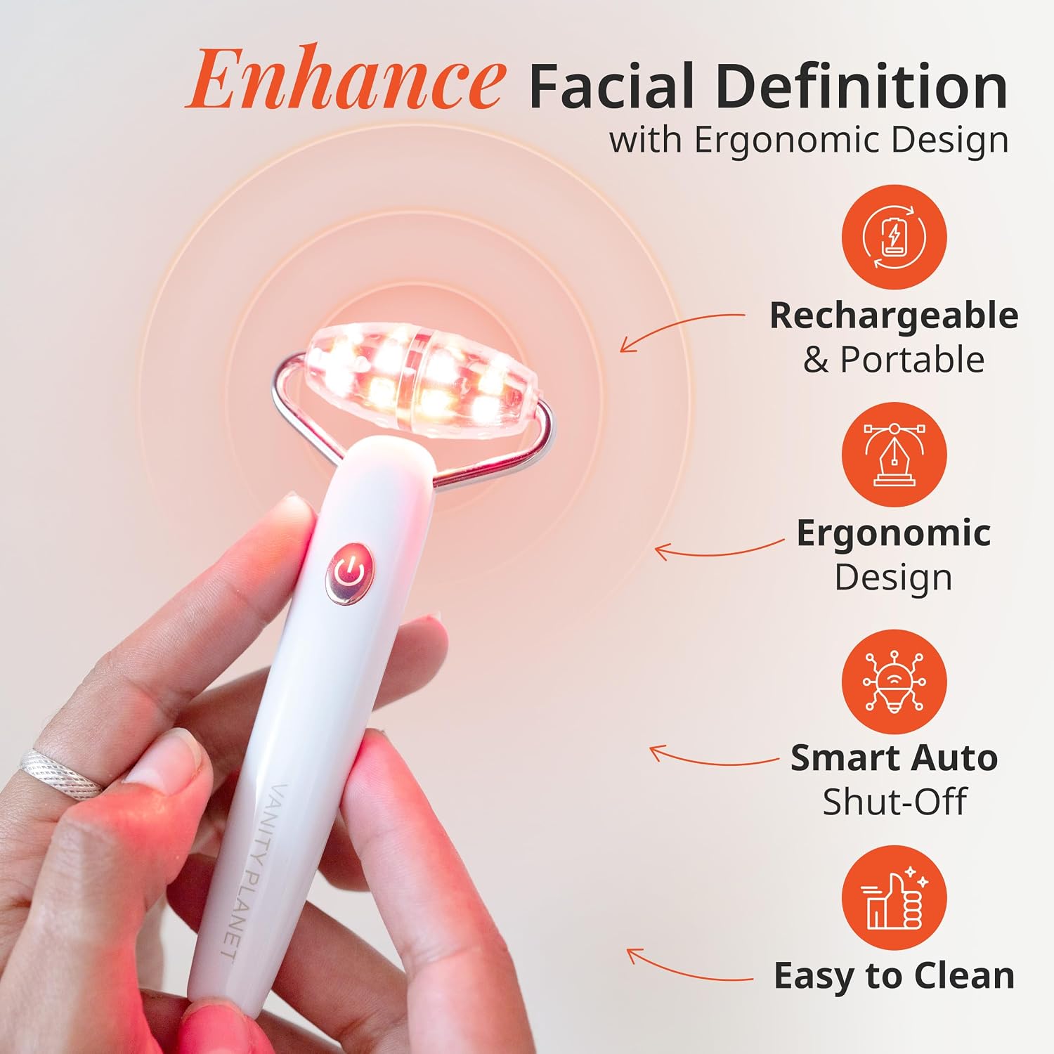Vanity Planet Mila Contour & Define LED Facial Roller - 3-in-1 Skin Massager with Cooling, Sonic Vibration & Red Light Therapy - Ergonomic Anti-Aging Face and Neck Massager for Firming & Relaxation