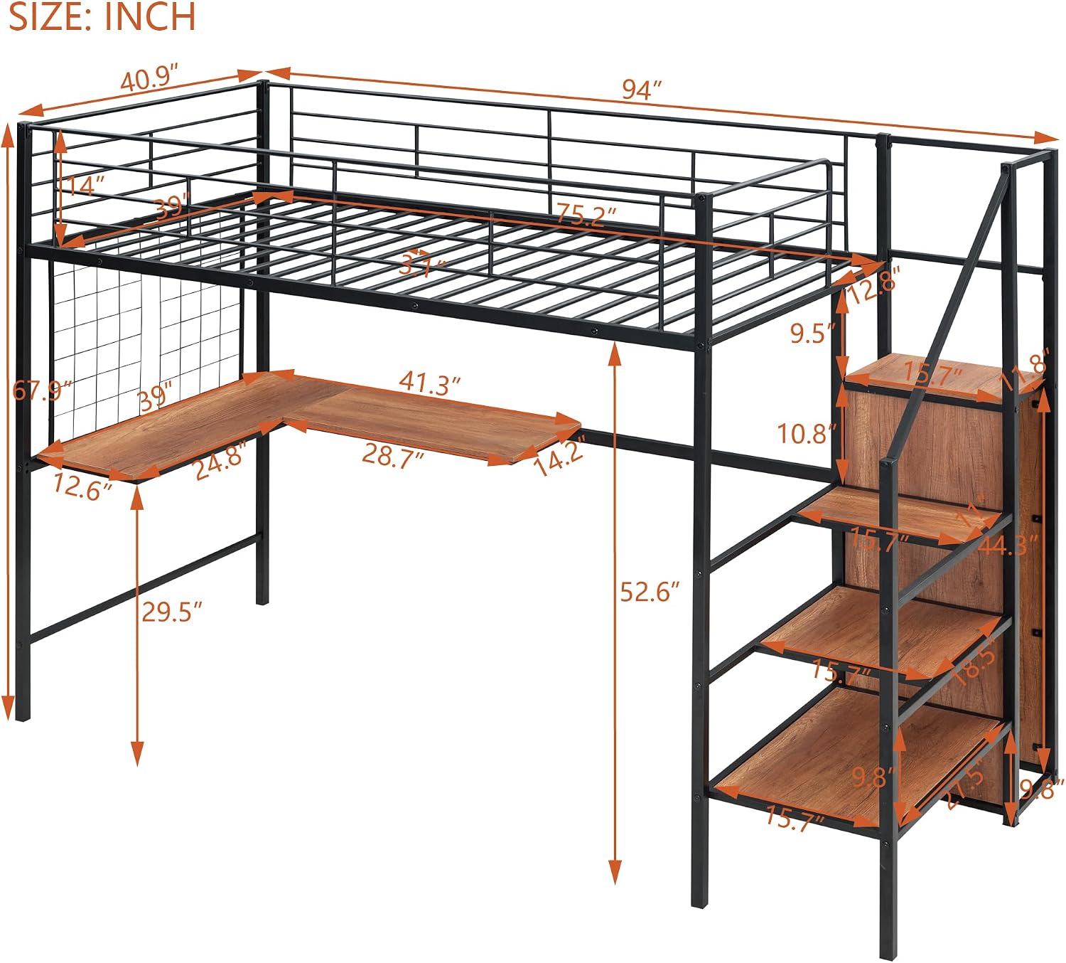 JIVOIT Twin Size Metal Loft Bed with L-Shape Desk and Wardrobe, Stylish Metal Frame Bed with Lateral Storage Ladder and Metal Grid, 3-Layers Storage Shelves, Space Saving Design (Black-Wardrobe,Twin)