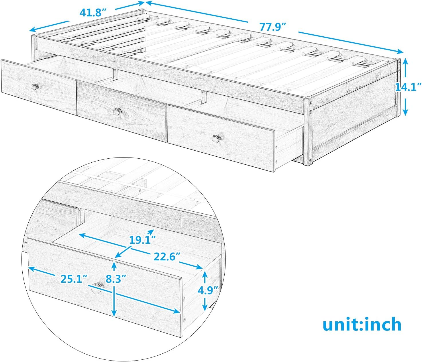 Bellemave Twin Platform Bed Frame with 3 Storage Drawers, Wood Twin Size Bed with Support Slats, Twin Bed Frame for Kids,Teens,Adults No Box Spring Needed (White)
