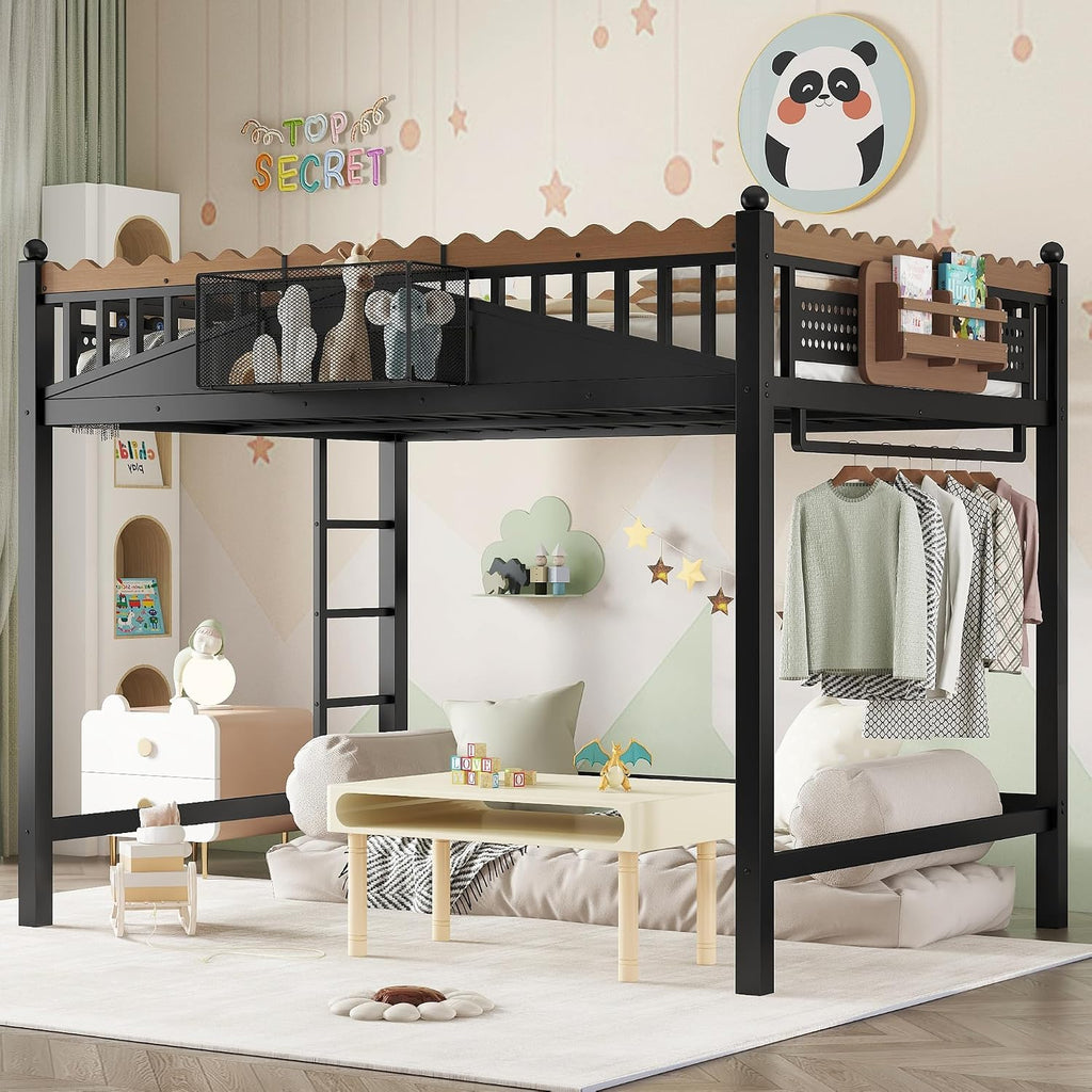 JIVOIT Metal Loft Bed with Built-in Storage Shelves and Bookshelf, Full Size Metal Loft Bed with Safe Ladder & Guardrail, Space-Saving Loft Bed, No Box Spring Needed and Chic Design