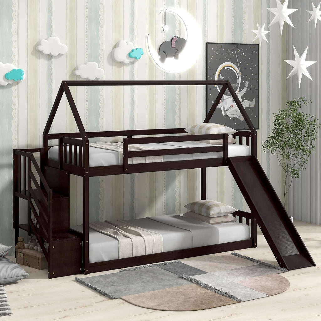Twin Over Twin Bunk Bed with Slide for Kids Toddlers, House Bunk Bed Farm with Storage Steps and Roof Guardrail for Girls/Boys, No Spring Box Required (Espresso-Storage Steps#2)