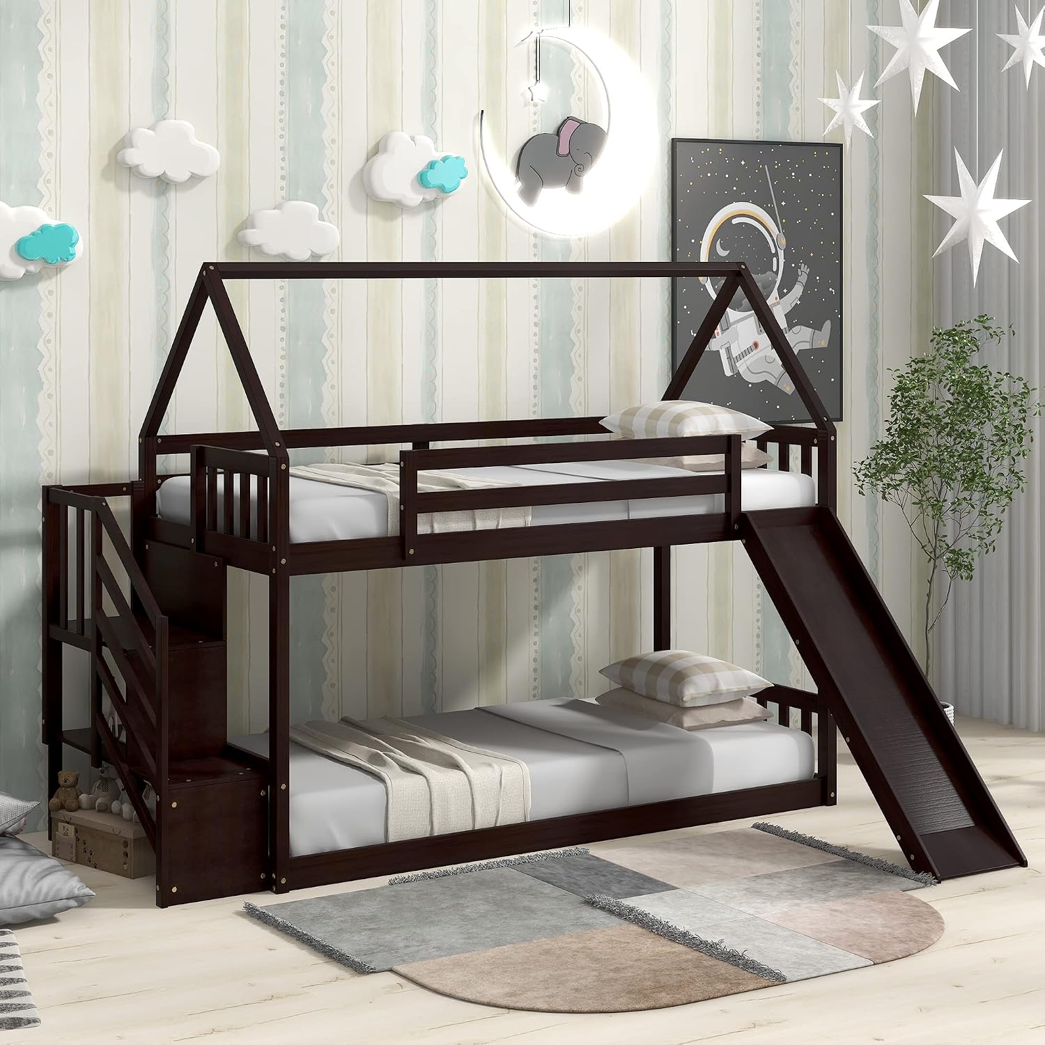 Twin Over Twin Bunk Bed with Slide for Kids Toddlers, House Bunk Bed Farm with Storage Steps and Roof Guardrail for Girls/Boys, No Spring Box Required (Espresso-Storage Steps#2)
