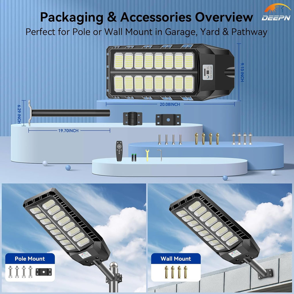 Deepn Solar Street Lights Outdoor, 8000W Commercial Grade Solar Lights Outdoor Waterproof, LED Parking Lot Light Dusk to Dawn Security Flood Lights with Motion Sensor and Remote Control, 4 Pack
