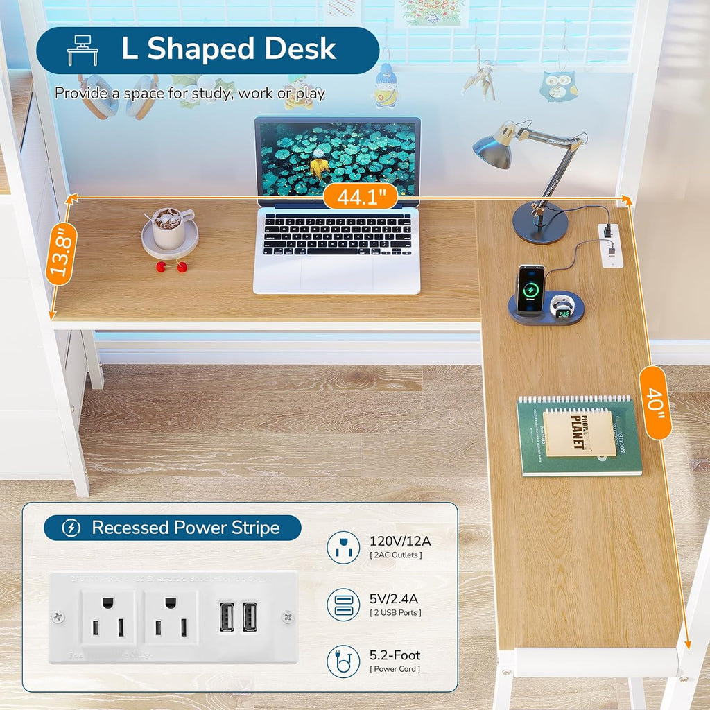 Twin Loft Bed with L-Shaped Desk, 7 Storage Drawers, Metal Loft Bed Twin Size with LED Lights and Charging Station, Storage Shelf and Pegboard, Safety Guardrail and Ladder, No Box Spring Needed, White
