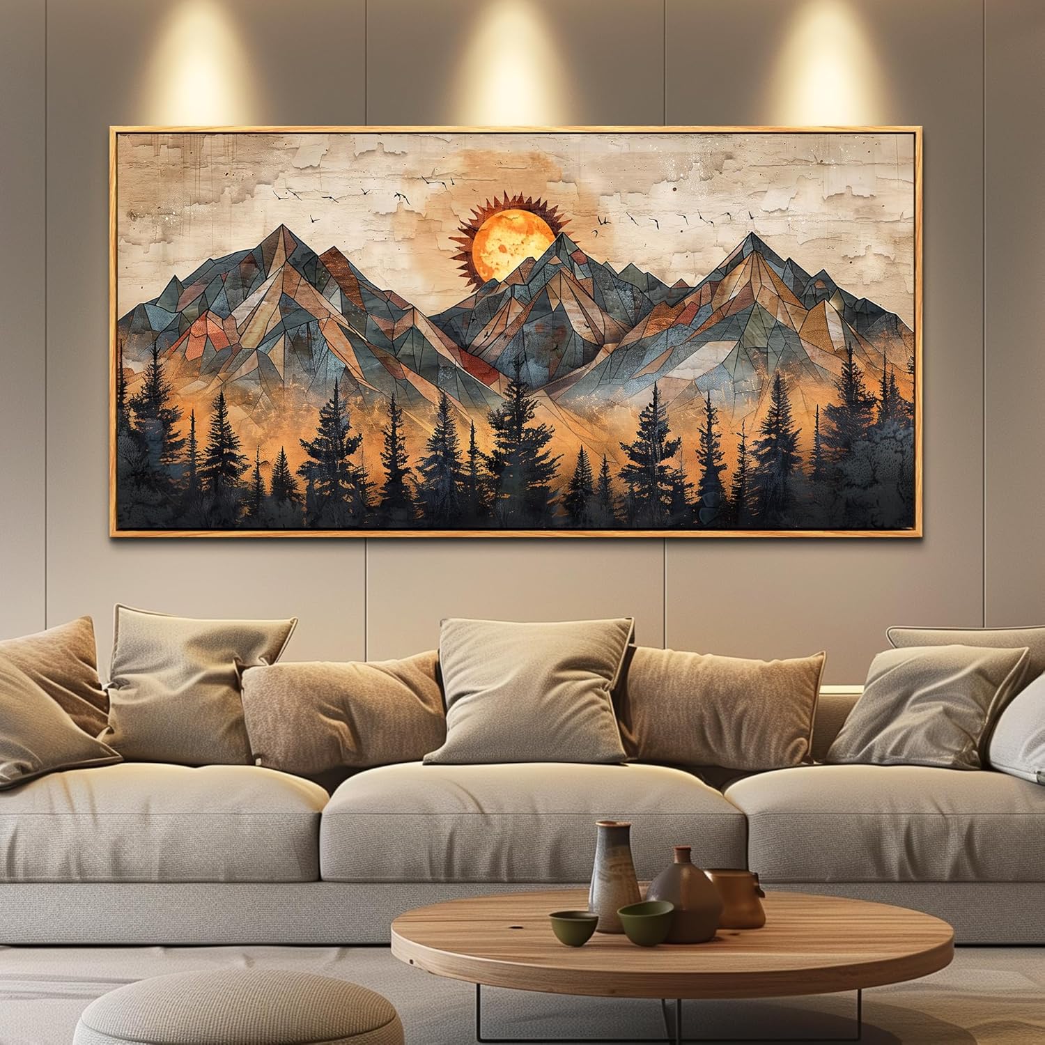 ZUITINGHUA Wood Framed Wall Art For Living Room Canvas Wall Decor For Bedroom Office Decorations Abstract Boho Paintings Mountain Landscape Pictures Modern Home Decor Artwork 32x72 In