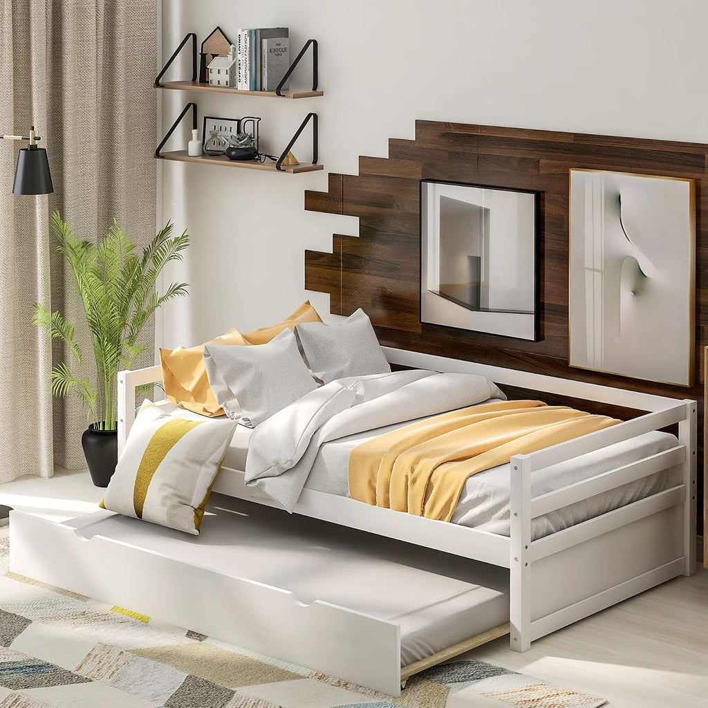 Harper & Bright Designs Convertible Twin Size Daybed with Trundle - Space-Saving Metal Frame Set in Crisp White Finish, Includes Twin Trundle Bed for Guest Room or Dorm