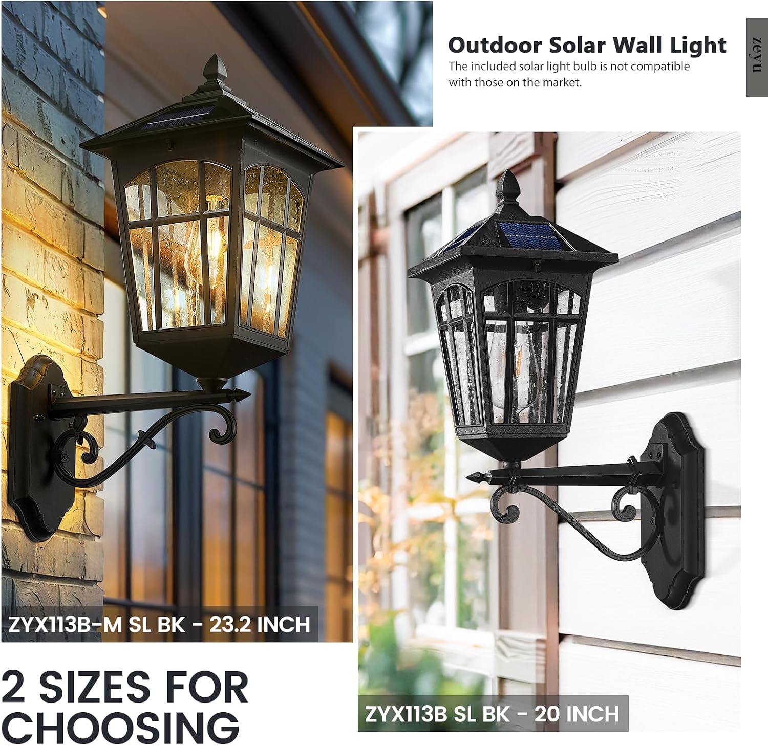 zeyu Solar Outdoor Front Porch Light, Large Outdoor Wall Mounted Light with Remote, Die-Cast Aluminum with Seeded Glass Shade, Black Finish, ZYX113B-M SL BK