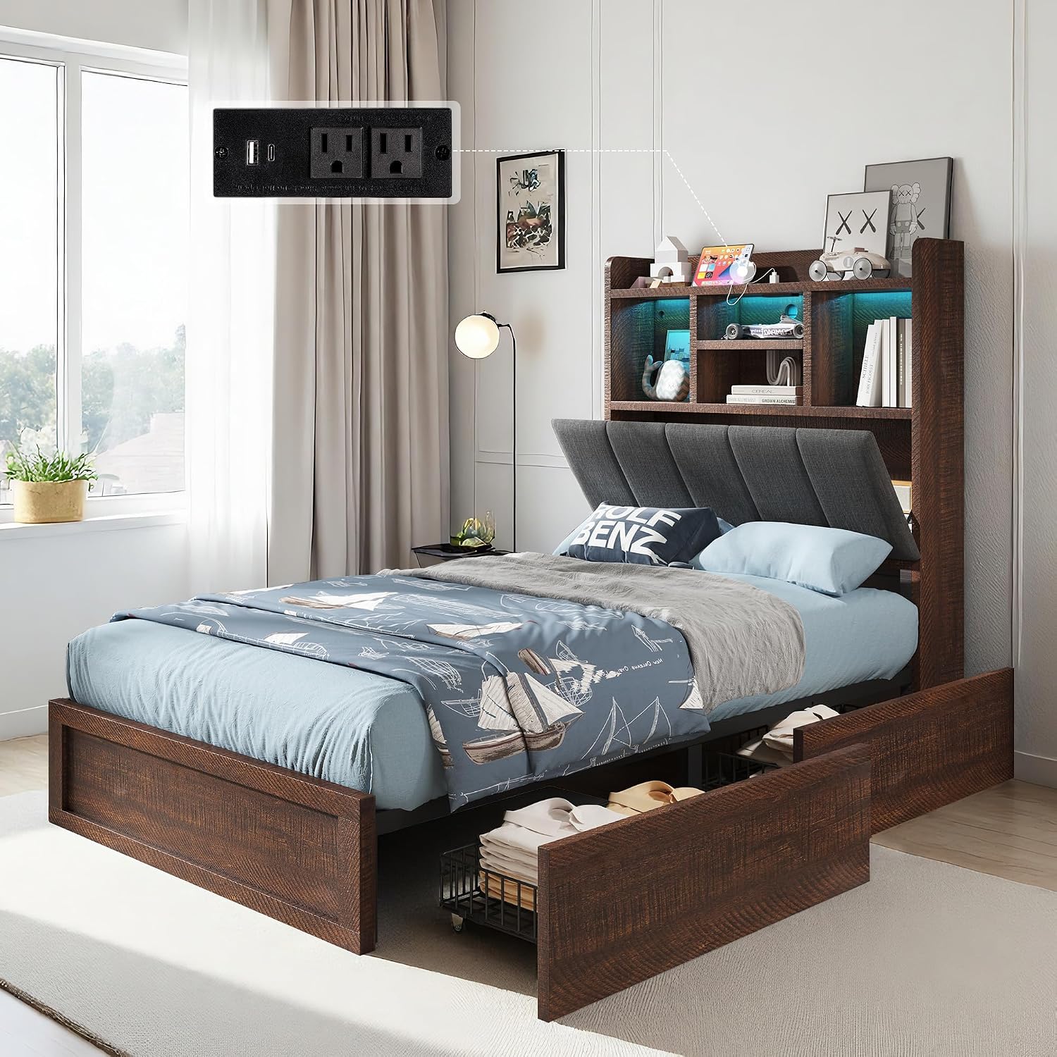 LUXOAK Twin Farmhouse Bed Frame with Bookcase Headboard and 4 Drawers, LED Storage Bed with Charging Station & Linen Upholstered, No Box Spring Needed, Reclaimed Barnwood