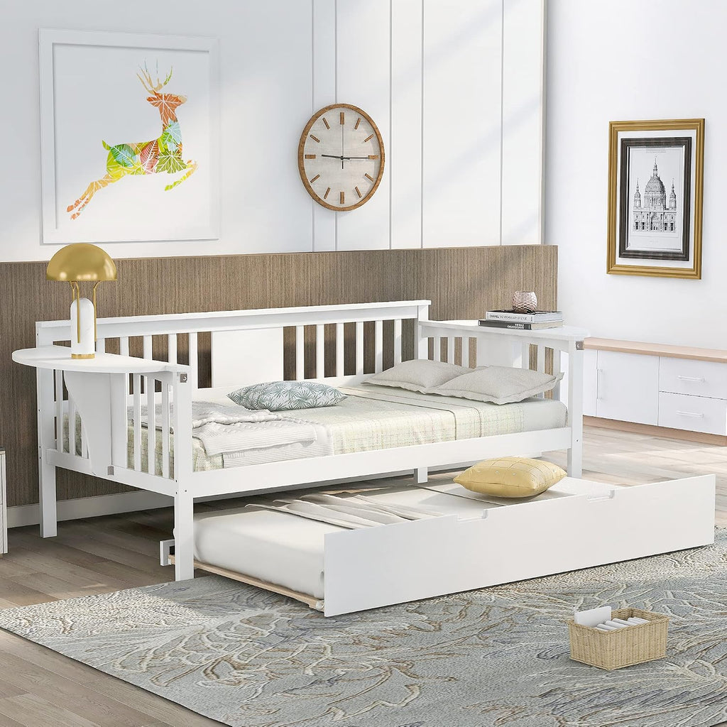 Twin Solid Wood Daybed and Trundle Frame Set with Headboard, Modern Sofa Bed with Tables/Rails for Bedroom Living Room (White+Tables)