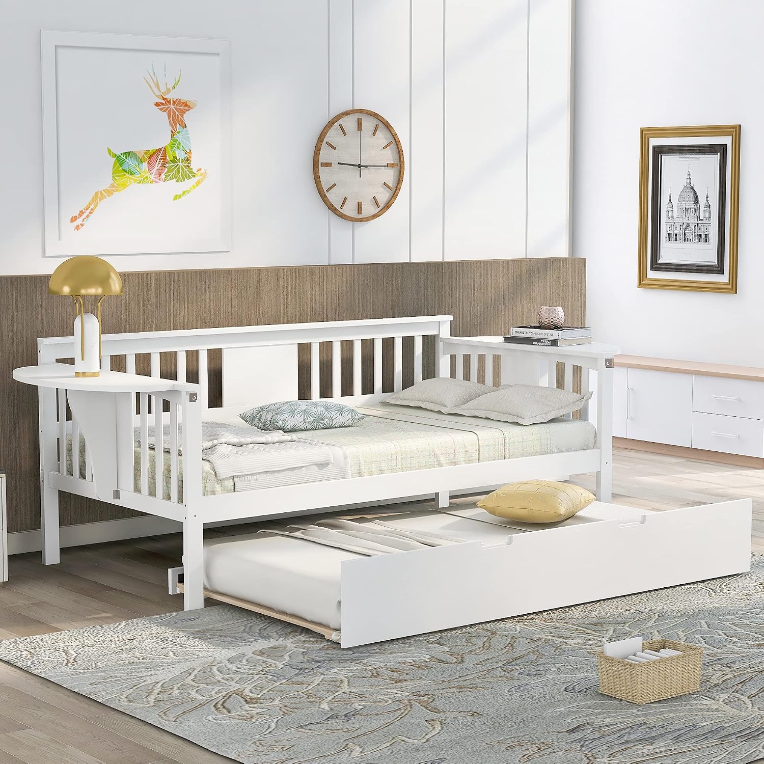 Twin Solid Wood Daybed and Trundle Frame Set with Headboard, Modern Sofa Bed with Tables/Rails for Bedroom Living Room (White+Tables)