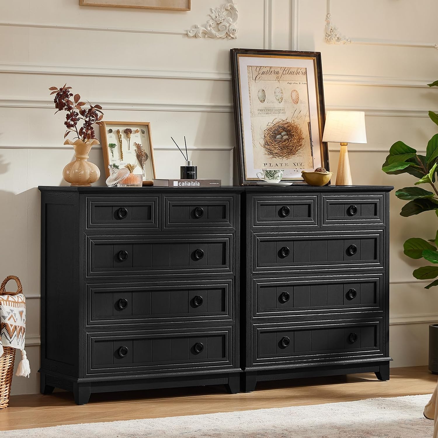 Joaxswe Farmhouse 5 Drawer Dresser for Bedroom Set of 2, 33.2' Tall Small Dressers & Chest of Drawers, Rustic Wood Dresser with Metal Handle, Storage Organizer Closet for Living Room, Hallway,Entryway
