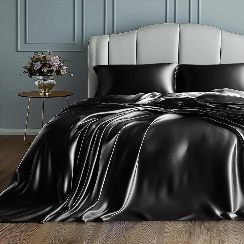 Twin XL Size 4-Piece Sheet Set Premium Mulberry Silk Bed Sheets Set Fits 14-16' Deep Pocket - Luxurious Soft Silk (Solid, Black)