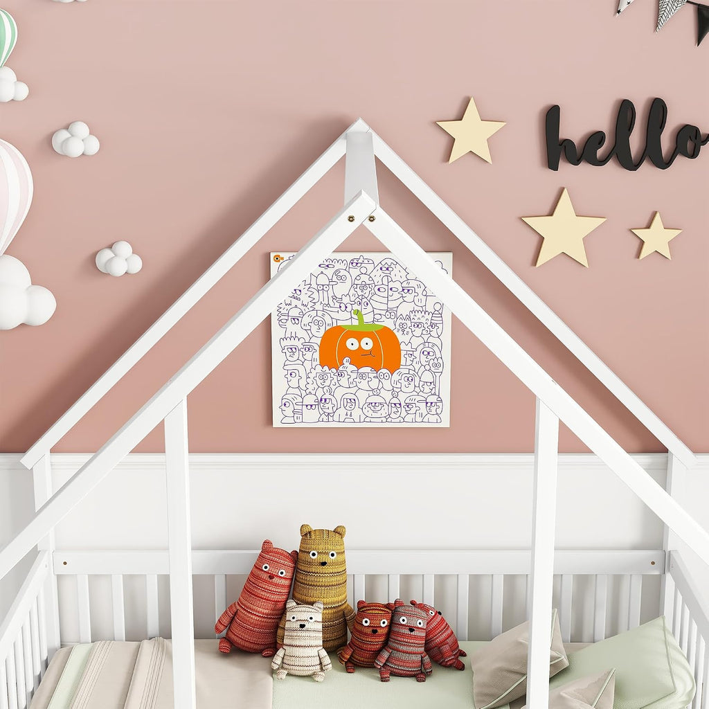 JIVOIT House Bed Full Size Floor Bed, Full Wood House-Shaped Floor Bed with Fence and Guardrails, Wood House Roof Frame, Montessori Floor Bed Frame (White-Full,129)