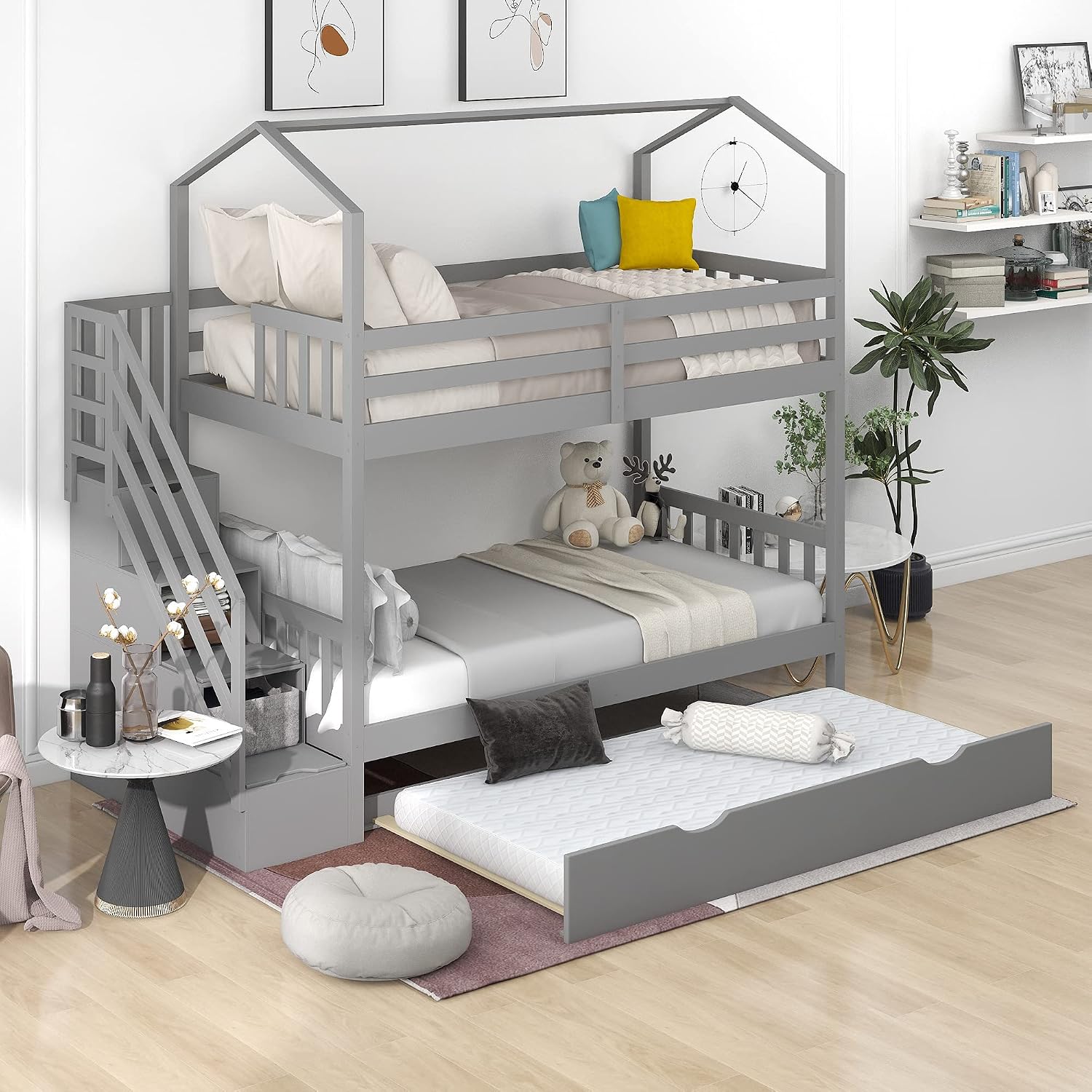 KLMM Twin Over Twin Bunk Bed for Kids Toddlers, House Bunk Bed Farm with Storage Steps and Trundle, Roof Guardrail for Girls/Boys, No Spring Box Required (Gray + Pine+Trundle)