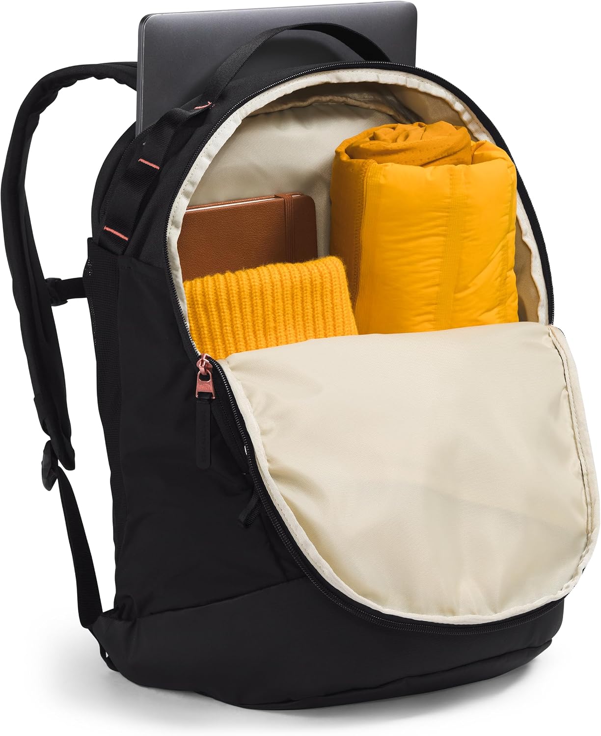 The North Face Women's Isabella Transit Backpack | Commuter Travel Bag with 16' Laptop Sleeve, Water-Repellent Finish, Women-Specific Fit, TNF Black Light Heather/Burnt Coral Metallic-NPF, One Size