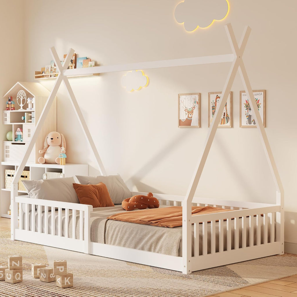 JIVOIT Twin Size Wood House Bed with Fence, House Platform Bed with Roof, Twin Montessori Bed Frame, Wood Slats Support, No Box Spring Needed (White/74)