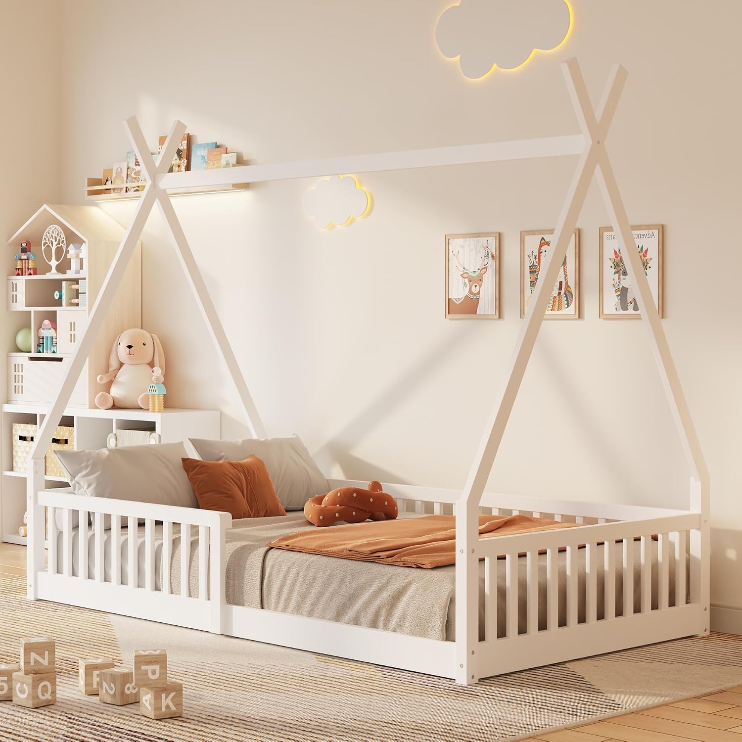 JIVOIT Twin Size Wood House Bed with Fence, House Platform Bed with Roof, Twin Montessori Bed Frame, Wood Slats Support, No Box Spring Needed (White/74)