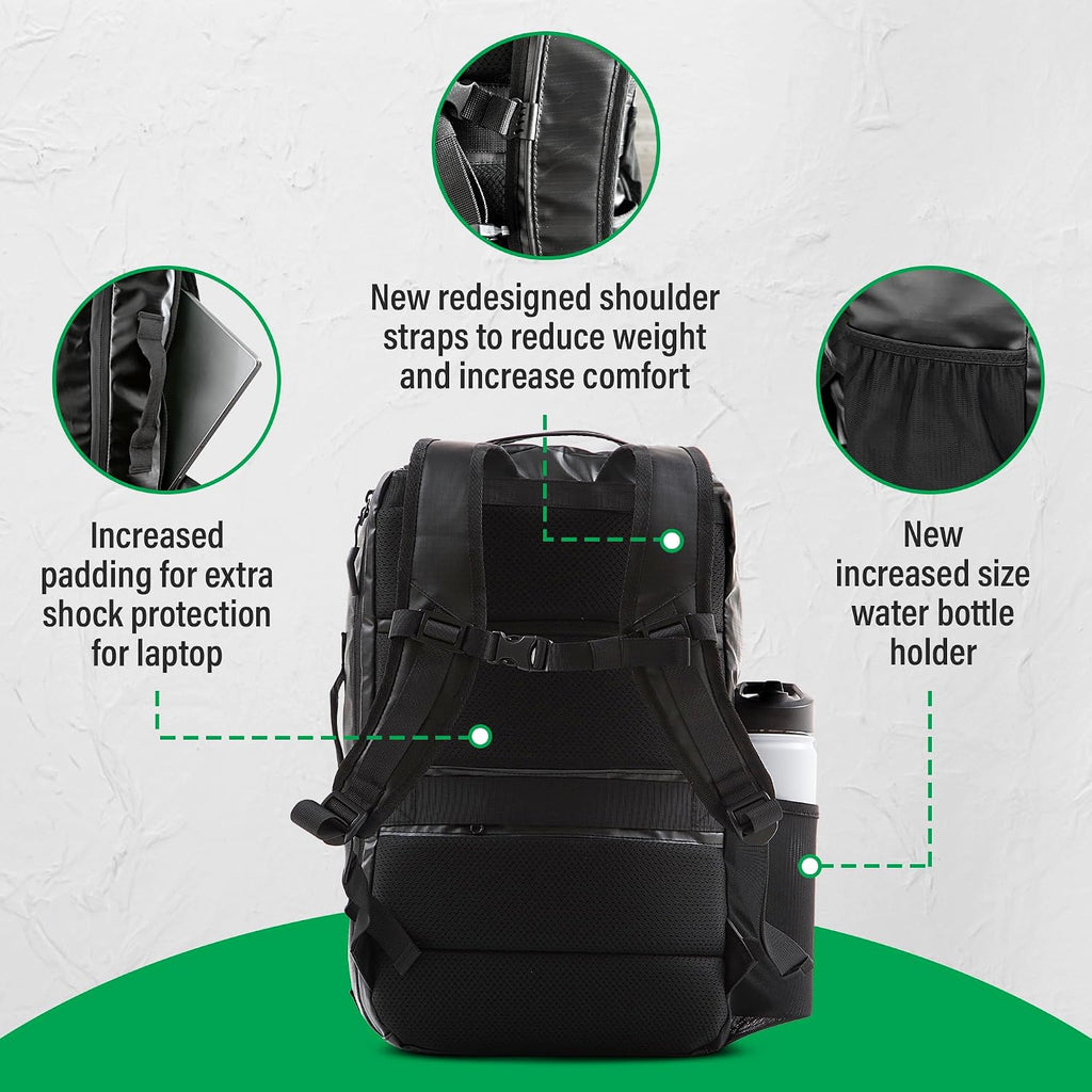 COR Surf Travel Backpack Carry On Backpack for Airplanes - Island Hopper 2.0 - Travel Backpack with Clamshell Design -Black with Green Zipper