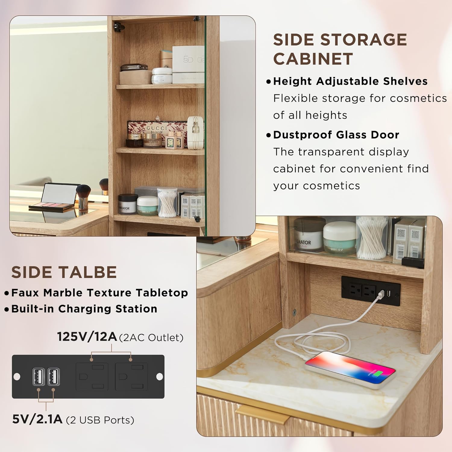 T4TREAM Fluted Makeup Vanity Desk with 36' HD Lighted Mirror, 48' Big Modern Vanity Desk with Mirror and Lights, Dressing Table with 5 Drawers & Shelves, Glass Top for Bedroom (Natural Oak)