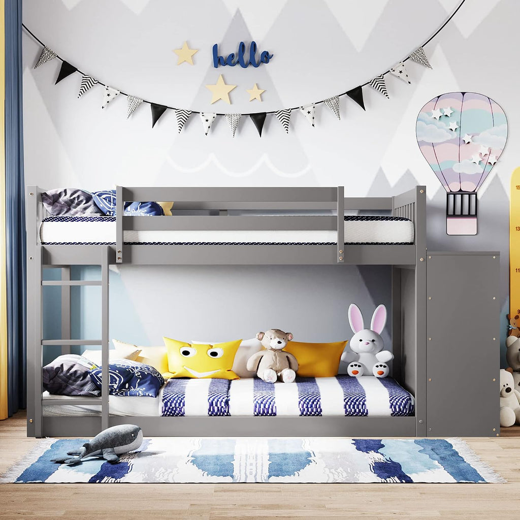 Twin-Over-Twin Size Bunk Bed, Bedroom Furniture Pine Wood Bed Frame with Storage Drawers and Open Shelves, Drawers and Shelves Set Can Be Moved, for Kids & Teens (Gray)