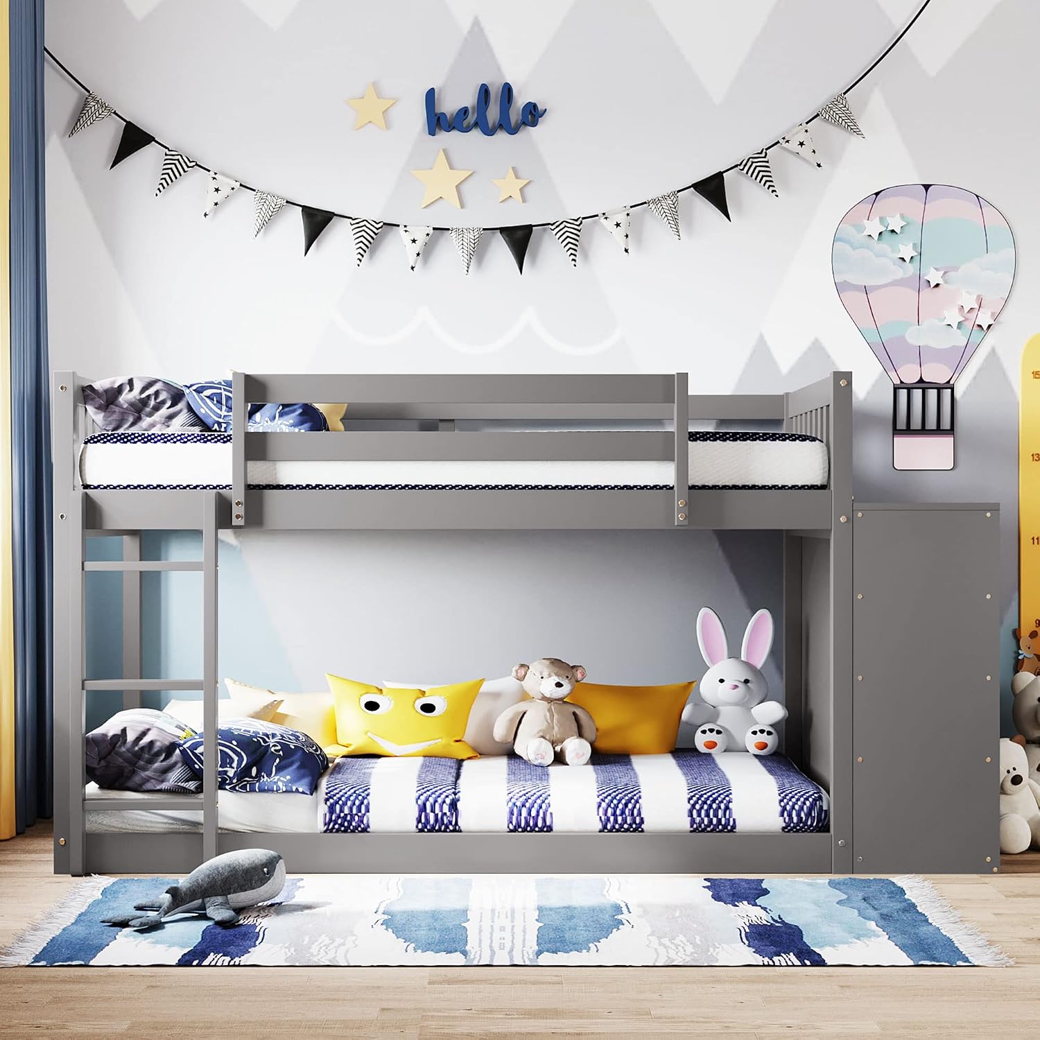 Twin-Over-Twin Size Bunk Bed, Bedroom Furniture Pine Wood Bed Frame with Storage Drawers and Open Shelves, Drawers and Shelves Set Can Be Moved, for Kids & Teens (Gray)