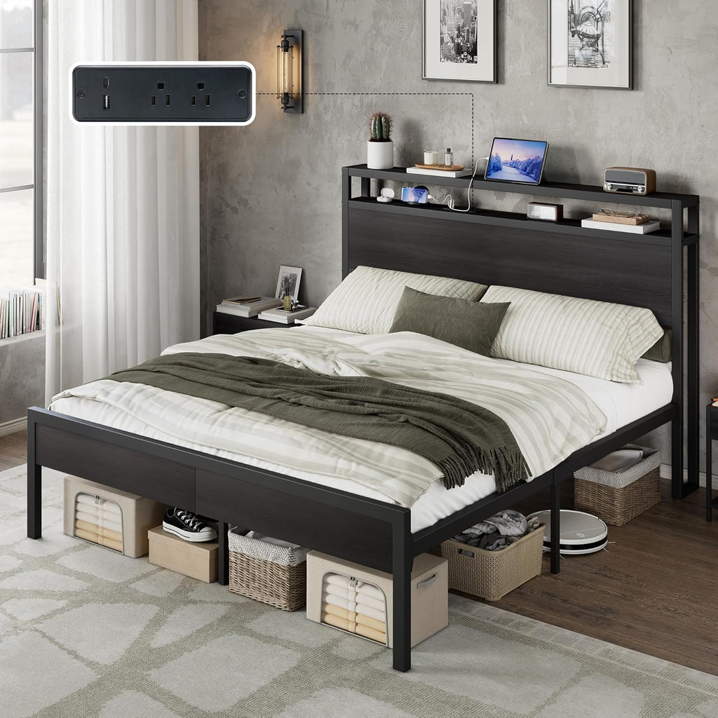 AMERLIFE Queen Size Bed Frame with Storage Headboard & Charging Station, Industrial Metal Platform Bed with Large Under-Bed Storage, Heavy Duty Slats, No Box Spring Needed, Black