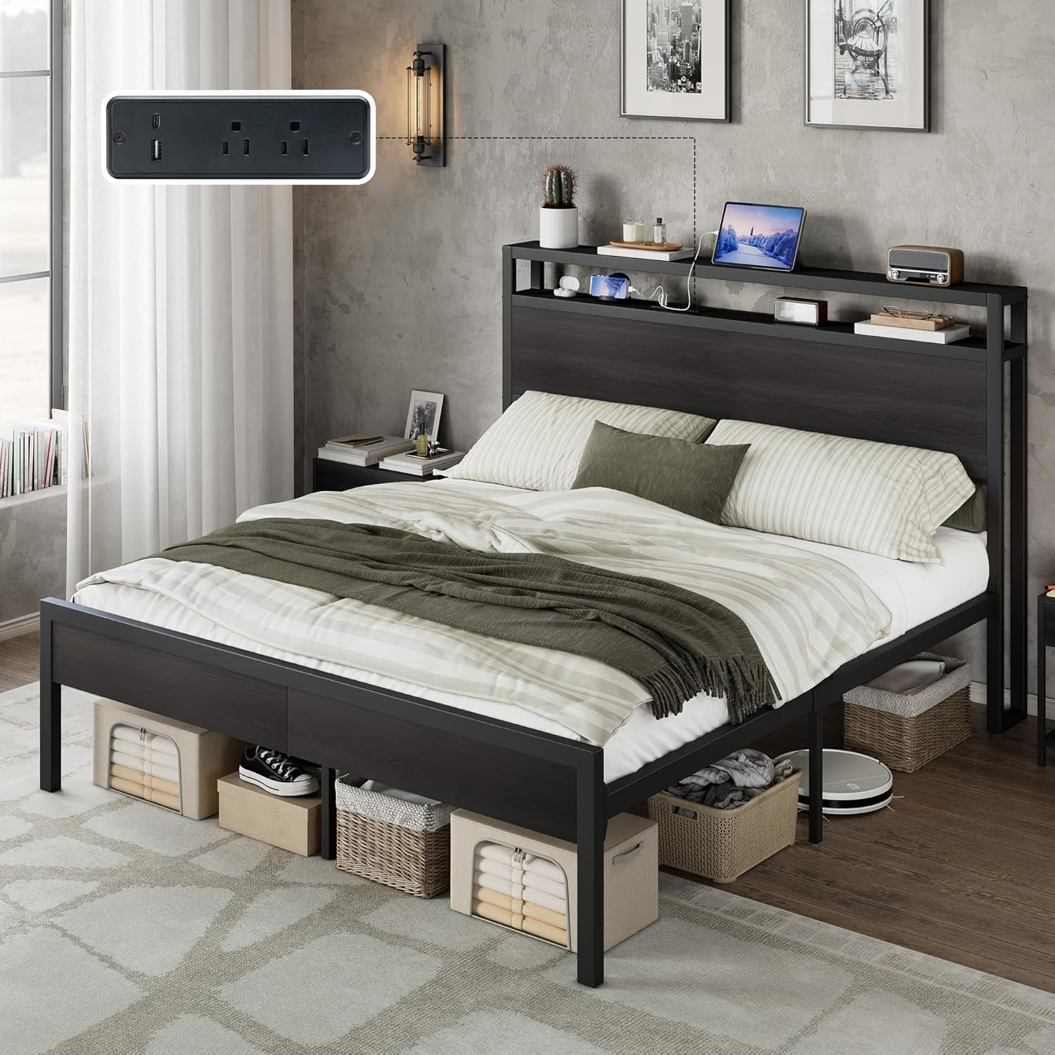 AMERLIFE Queen Size Bed Frame with Storage Headboard & Charging Station, Industrial Metal Platform Bed with Large Under-Bed Storage, Heavy Duty Slats, No Box Spring Needed, Black