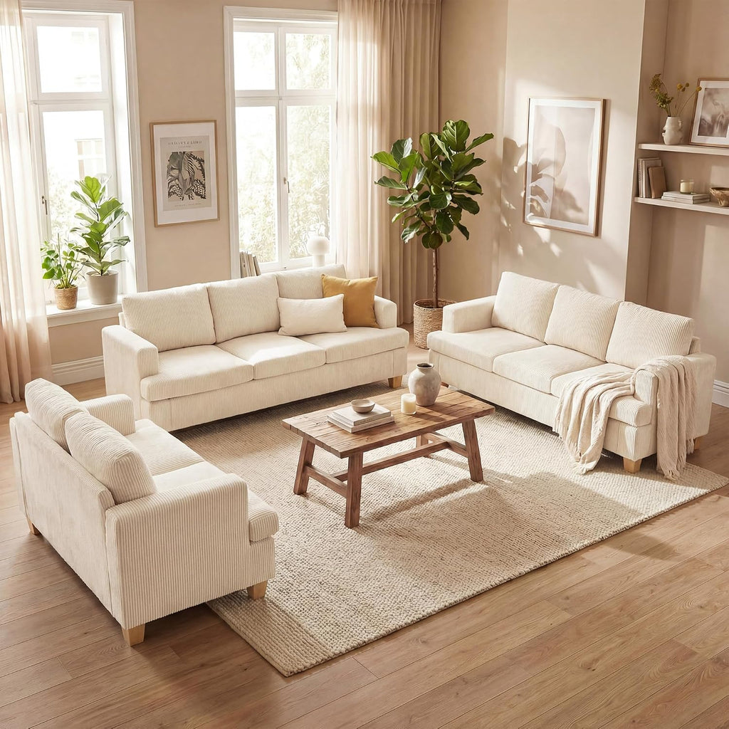 Fiona's magic 8 Seats Couch Set, 3 Piece Set Comfy Sofa, 3 Seater*2 & Loveseat Sofa with Deep Seats for Living Room, Modern Sleeper Couch, White Corduroy