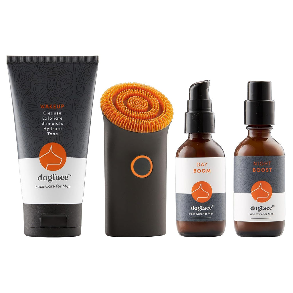 Dogface Deluxe Kit – Men's Red Light Facial Brush with Silicone Bristles, Hyaluronic Acid, Retinol Night Serum, Technobrush, Wakeup Gel, Day Boom, Night Boost - Free Shower Caddy
