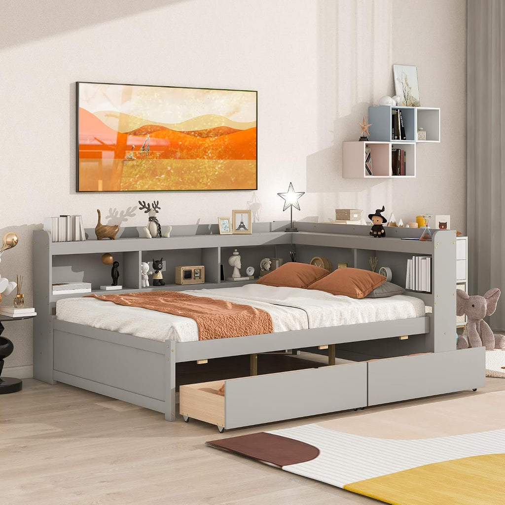 Full Size Platform Bed with L-Shaped Storage Shelfs and Bookcases, Pine Wood Day Bed with 2 Storage Drawers for Office/Living Room/Bedroom, Maximize Space (Gray)