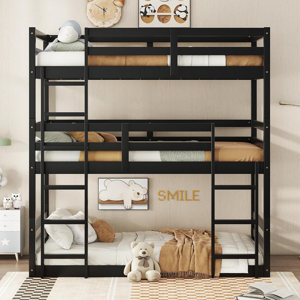 Triple Bunk Bed, Detachable Triple Twin Bunk Bed, 3 Rubber Wood Bunk Bed with Two Built-in Ladders, Guardrails, Twin Over Twin Over Twin for Kids, Black
