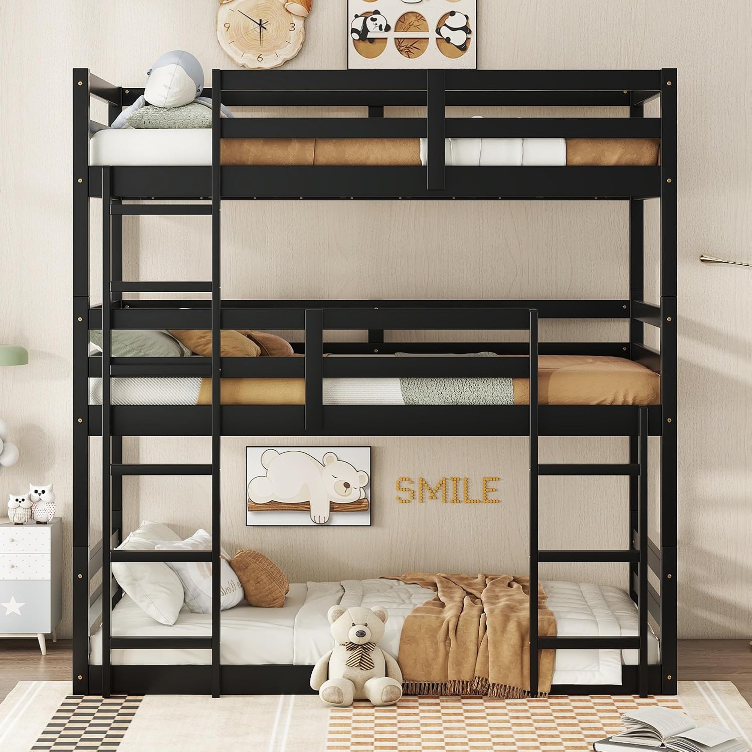 Triple Bunk Bed, Detachable Triple Twin Bunk Bed, 3 Rubber Wood Bunk Bed with Two Built-in Ladders, Guardrails, Twin Over Twin Over Twin for Kids, Black